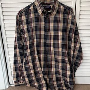 Roundtree and Yorke Men's Plaid Shirt in Navy, Tan, and Red